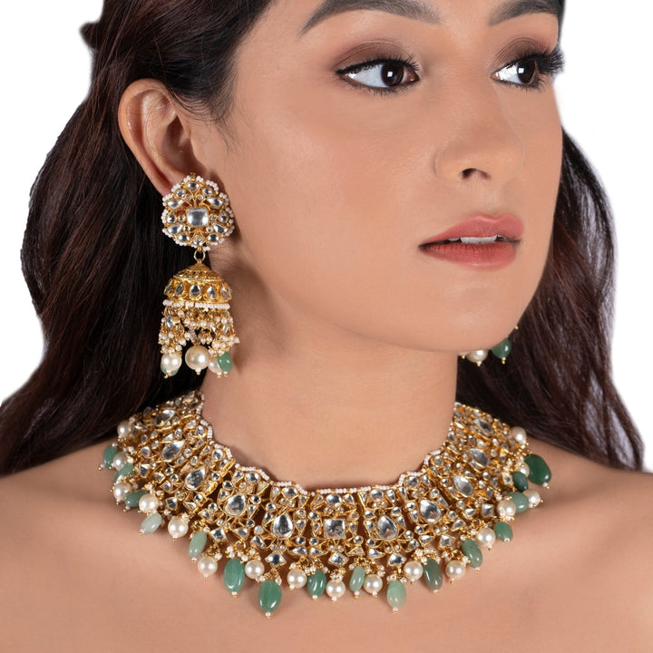 Kundan Necklace Set With Pearl And Sea Green Beads Riana by Shikha Jindal - Fabilicious Fashion