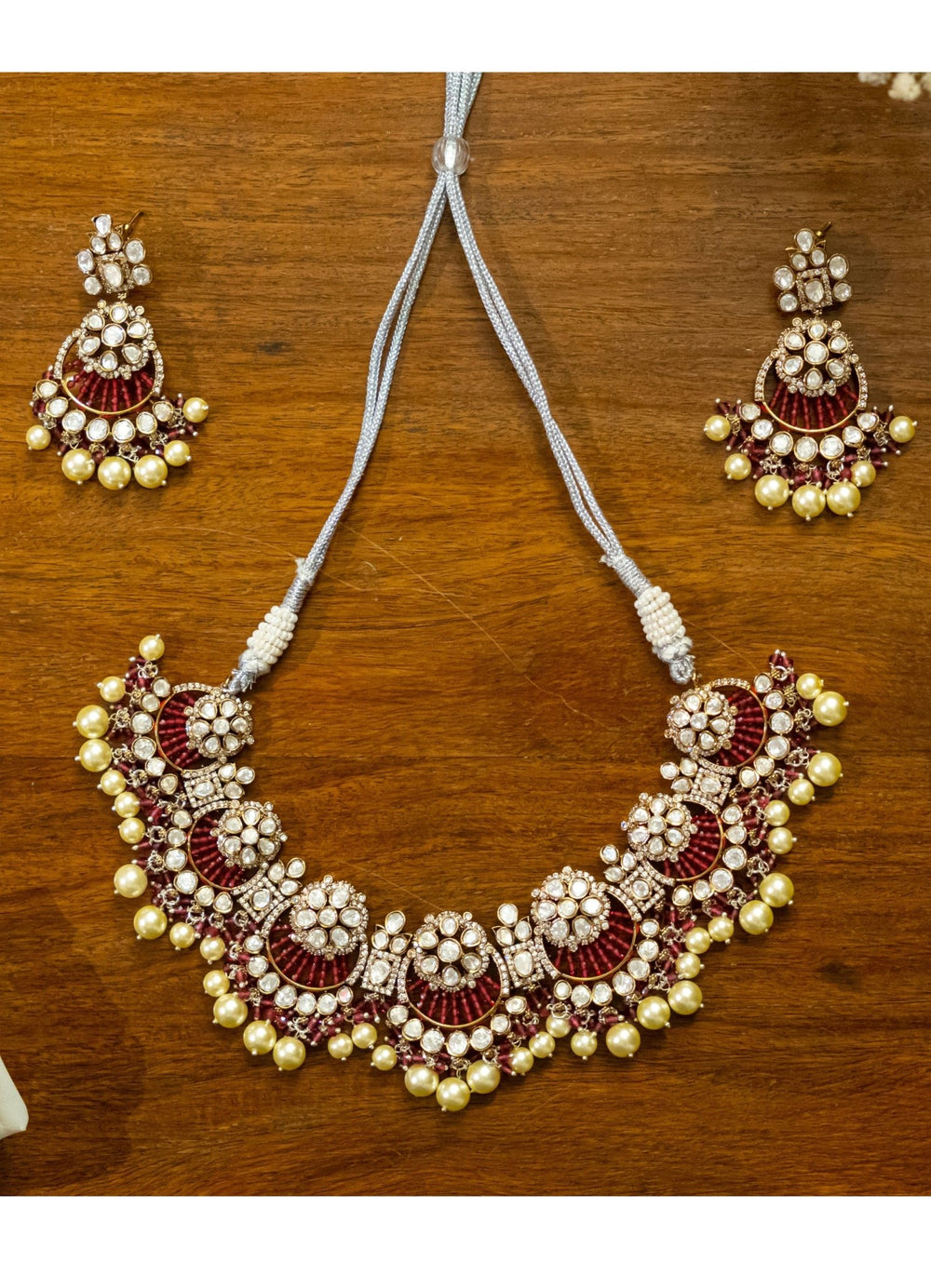 Kundan red pearl Earrings and Necklace Set Zevar by Geeta - Fabilicious Fashion