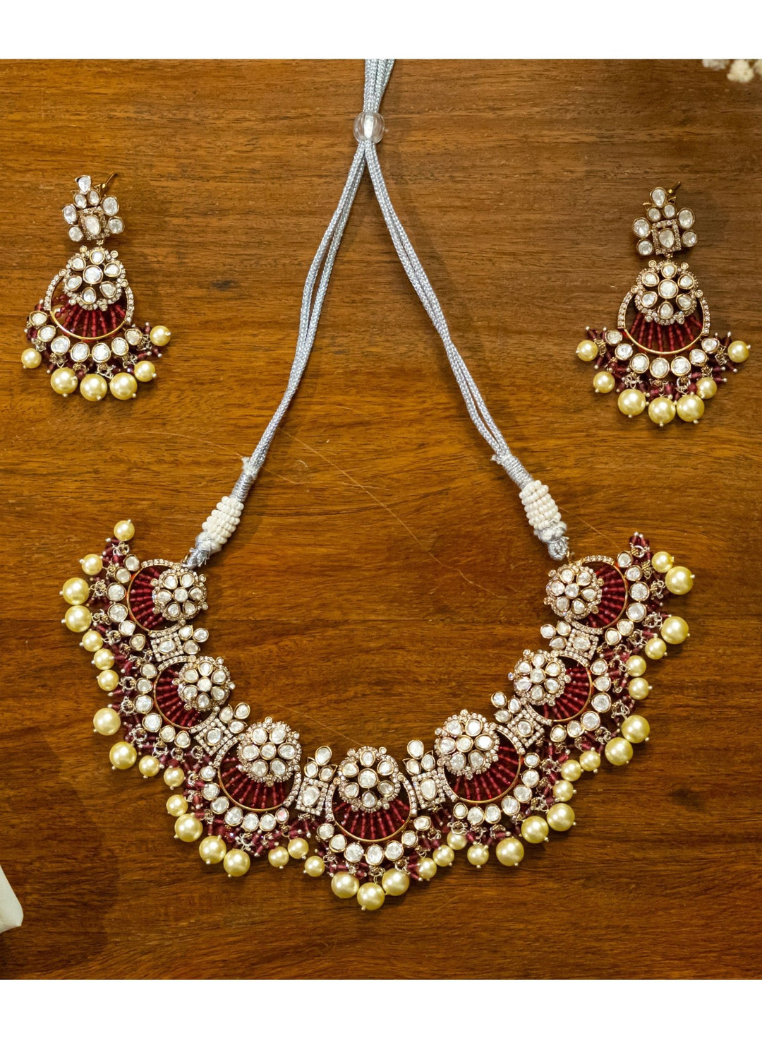 Kundan red pearl Earrings and Necklace Set Zevar by Geeta - Fabilicious Fashion