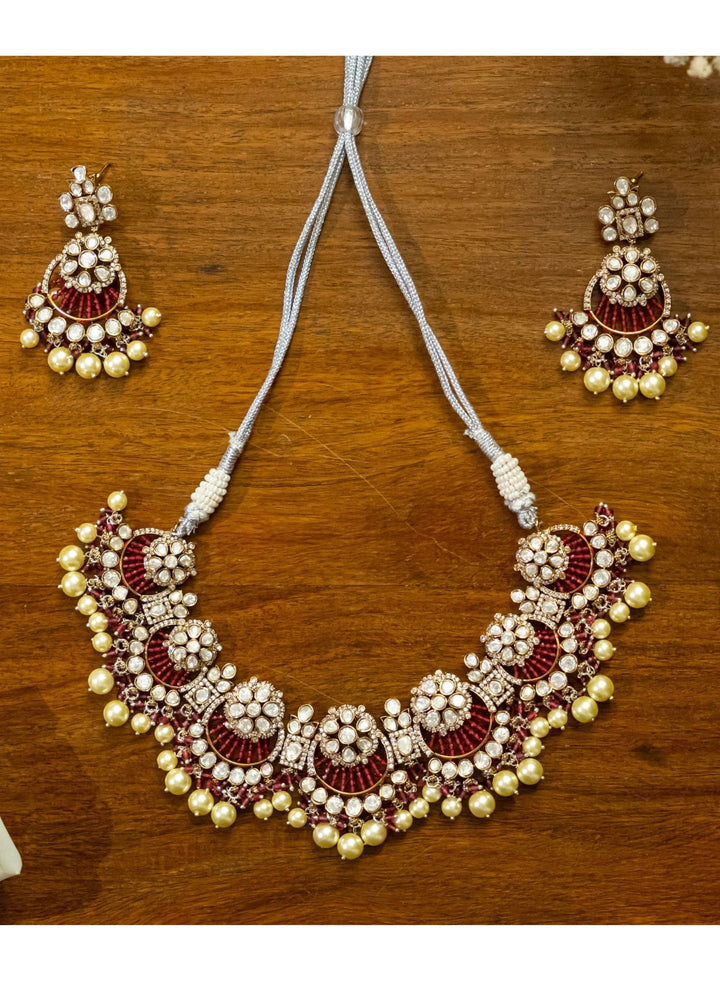 Kundan red pearl Earrings and Necklace Set Zevar by Geeta - Fabilicious Fashion