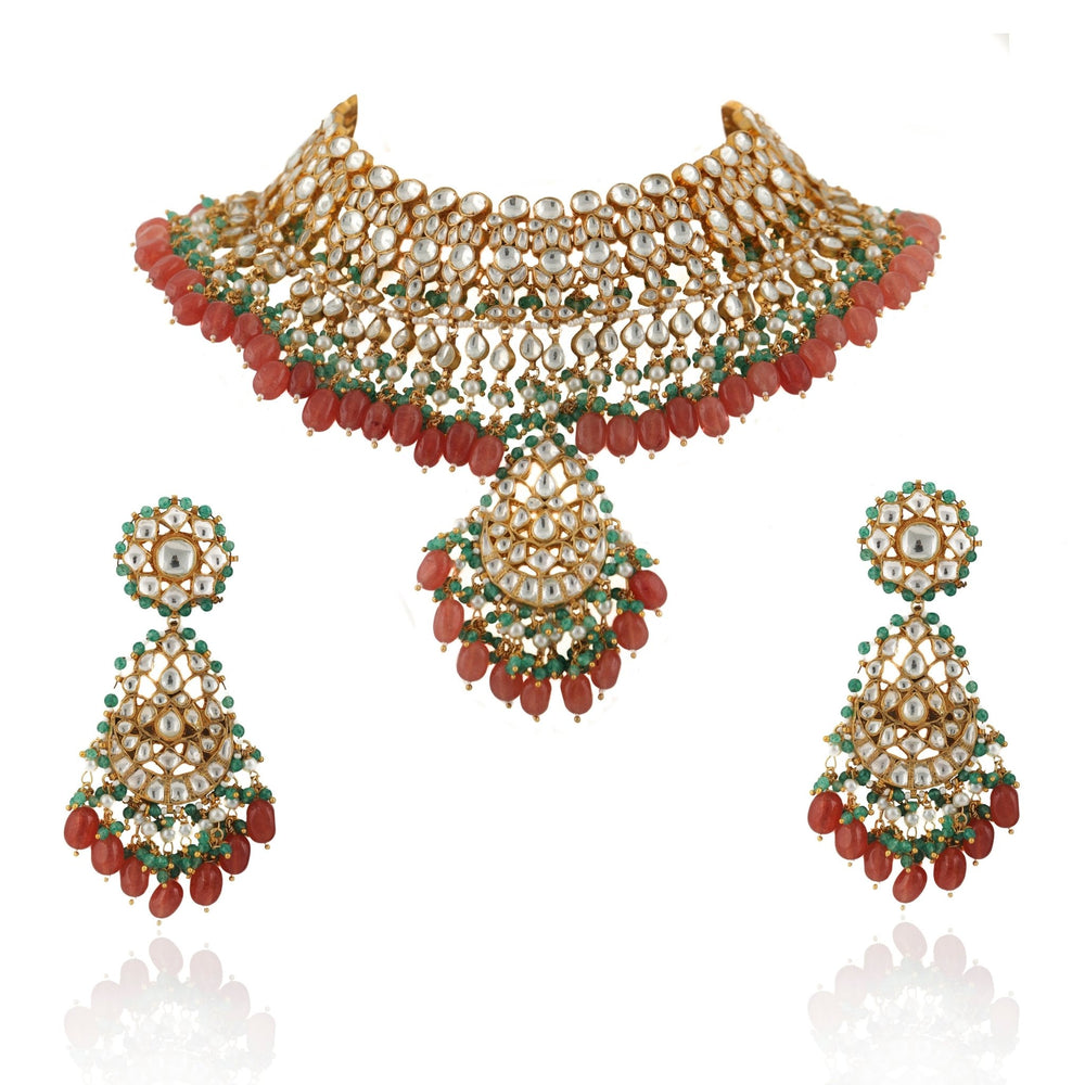 Kundan With Pink And Green Heavy Bridal Necklace Set Riana by Shikha Jindal - Fabilicious Fashion