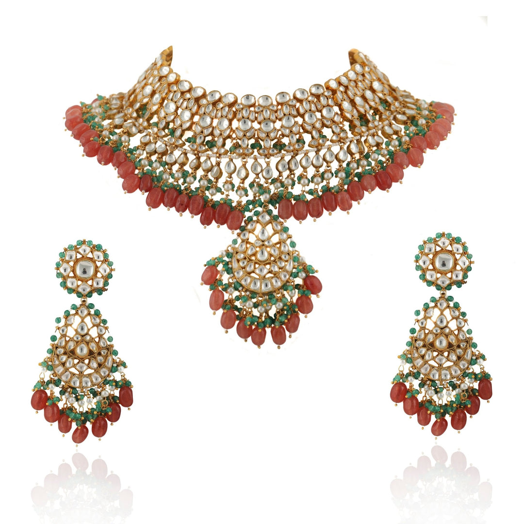 Kundan With Pink And Green Heavy Bridal Necklace Set Riana by Shikha Jindal - Fabilicious Fashion