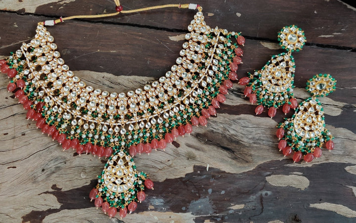 Kundan With Pink And Green Heavy Bridal Necklace Set Riana by Shikha Jindal - Fabilicious Fashion