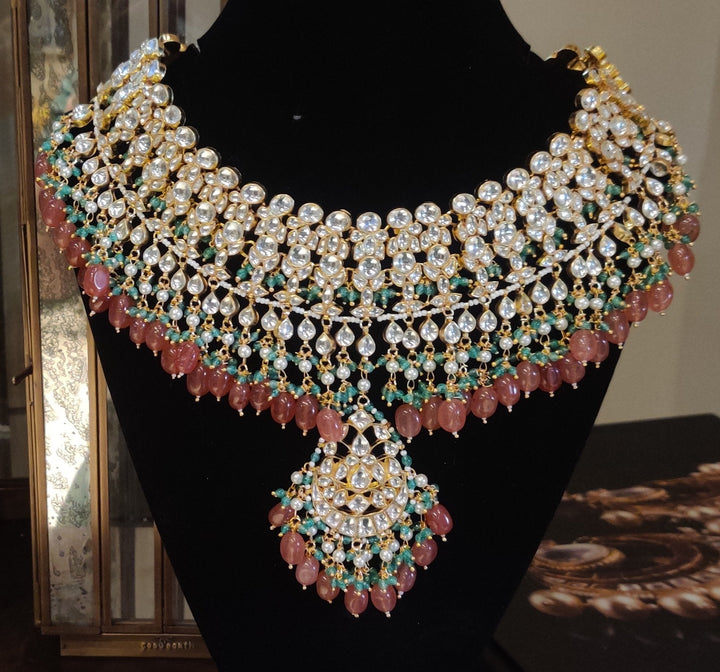 Kundan With Pink And Green Heavy Bridal Necklace Set Riana by Shikha Jindal - Fabilicious Fashion