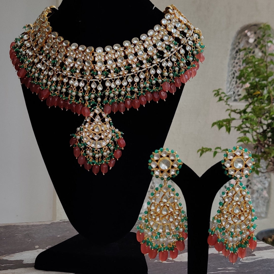 Kundan With Pink And Green Heavy Bridal Necklace Set Riana by Shikha Jindal - Fabilicious Fashion