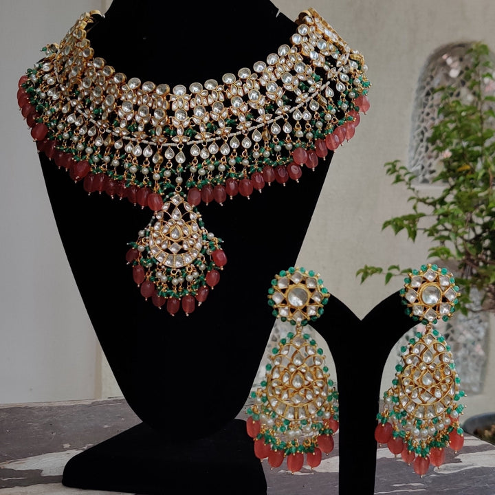 Kundan With Pink And Green Heavy Bridal Necklace Set Riana by Shikha Jindal - Fabilicious Fashion