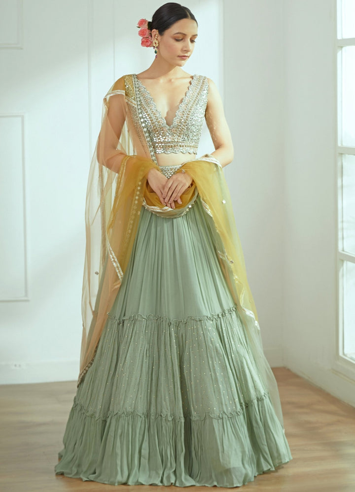 Larissa Sage Green Lehenga Set Studio Iris - Fabilicious Fashion