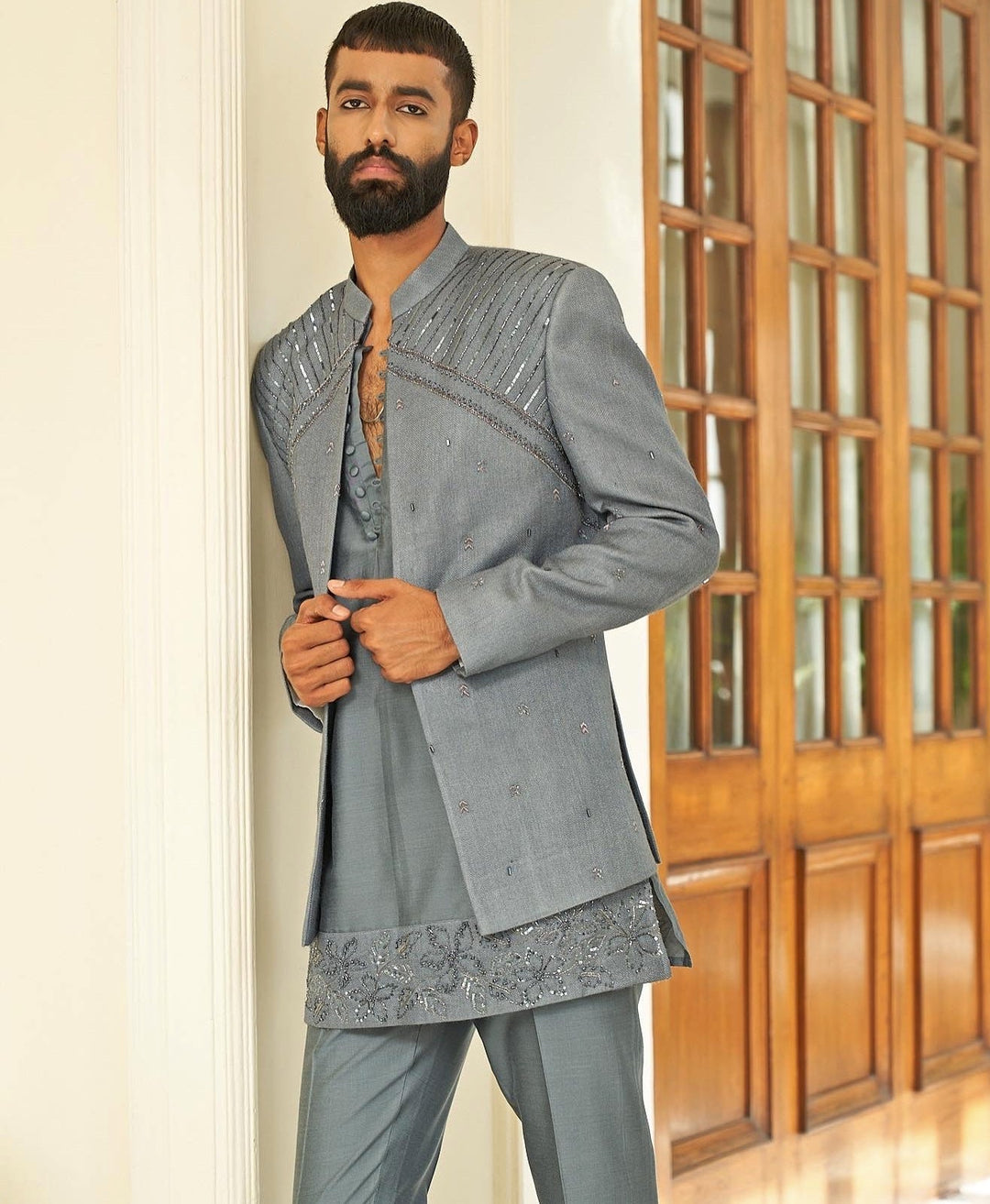 Lava Grey Jacket Set Contrast by Parth - Fabilicious Fashion