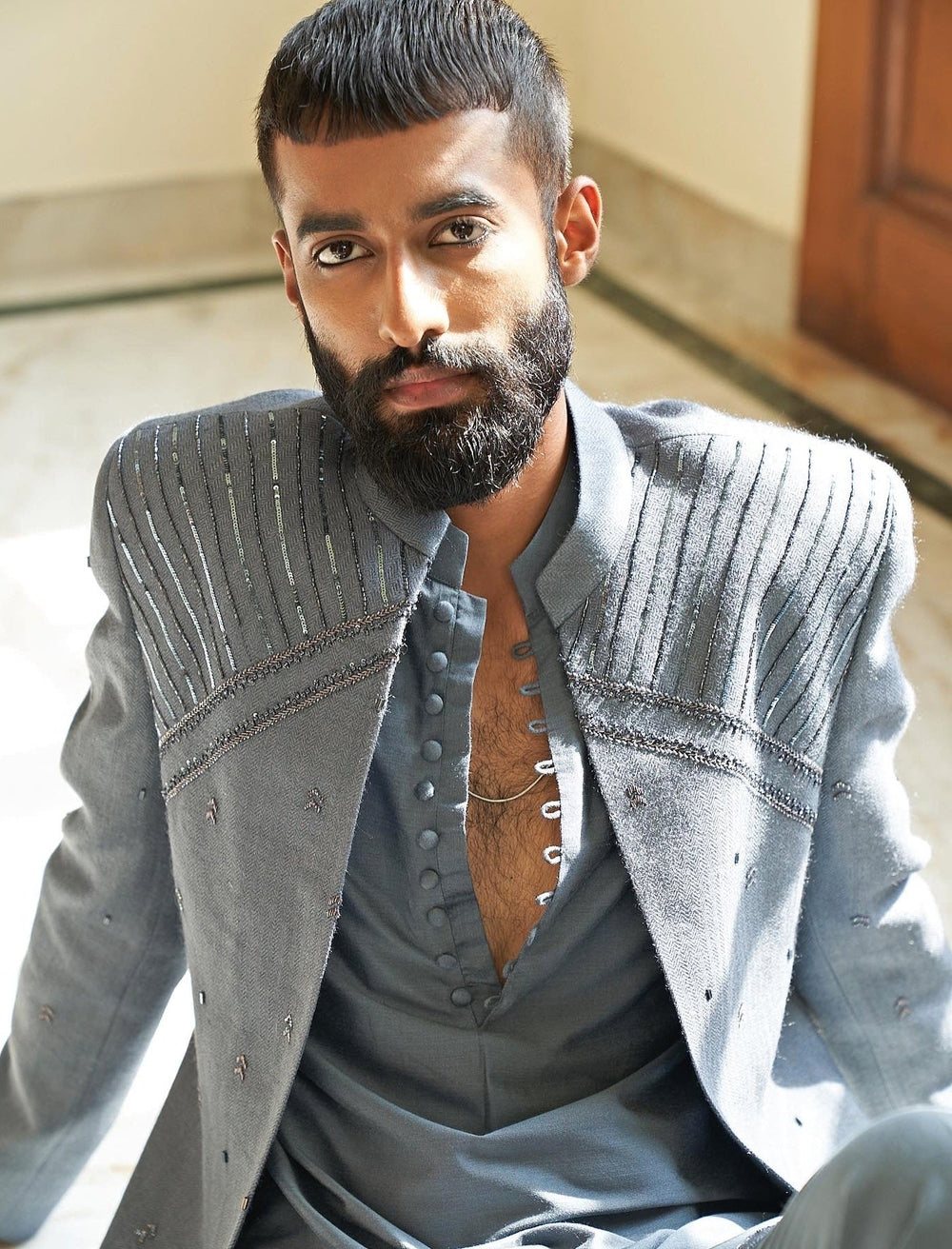 Lava Grey Jacket Set Contrast by Parth - Fabilicious Fashion