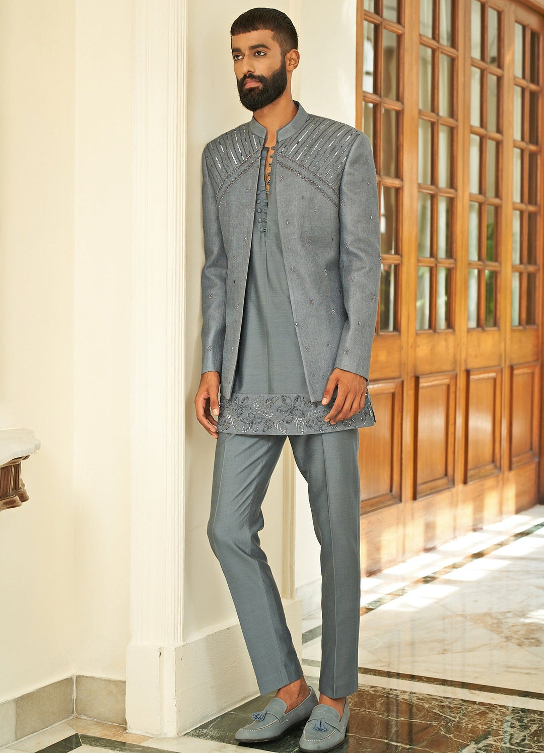Lava Grey Jacket Set Contrast by Parth - Fabilicious Fashion