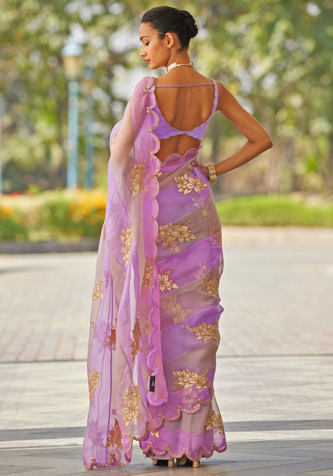 Lavender and Rose Gold Applique Organza Saree Vvani by Vani Vats - Fabilicious Fashion