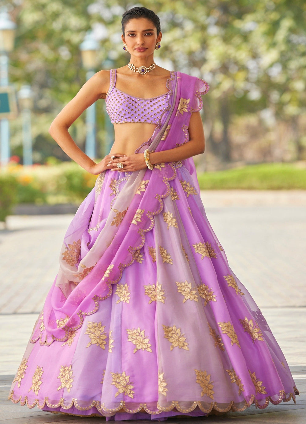 Lavender And Rose Gold Embroidered Lehenga With Sequinned Blouse Vvani by Vani Vats - Fabilicious Fashion