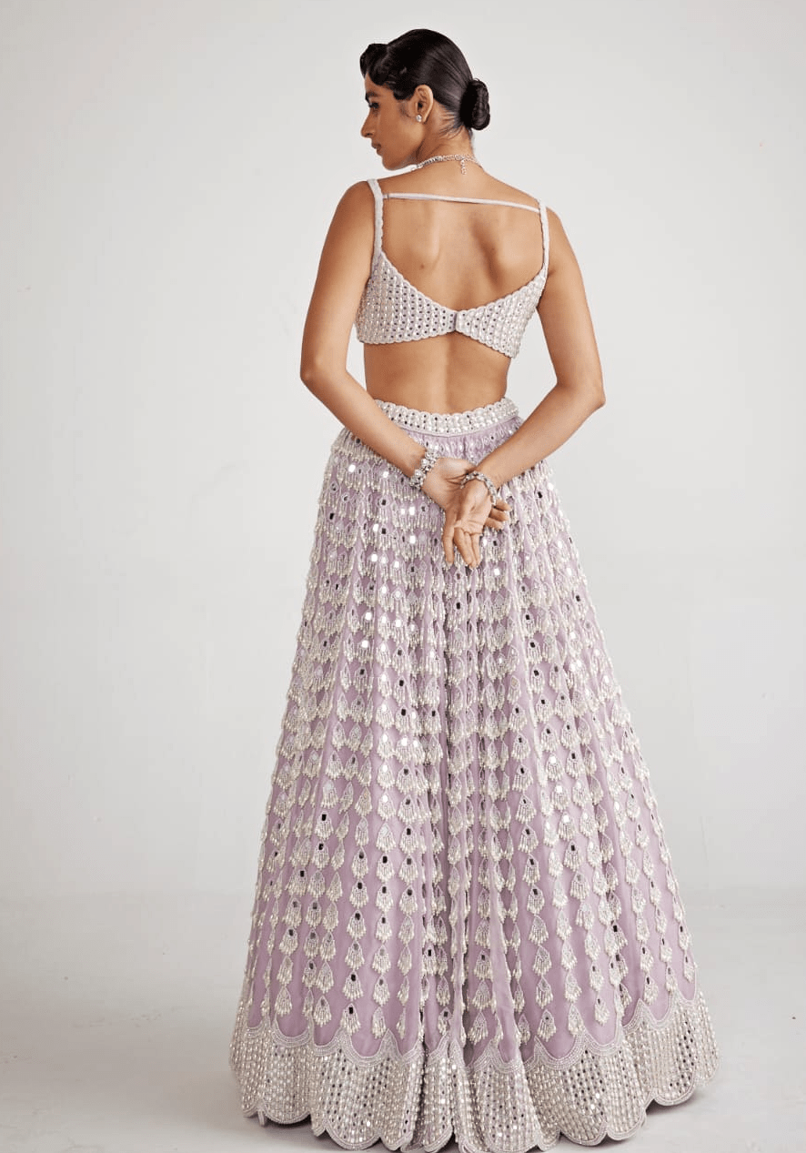 Lavender Chandelier Pearl Drop Bridal Lehenga Set Vvani By Vani Vats - Fabilicious Fashion