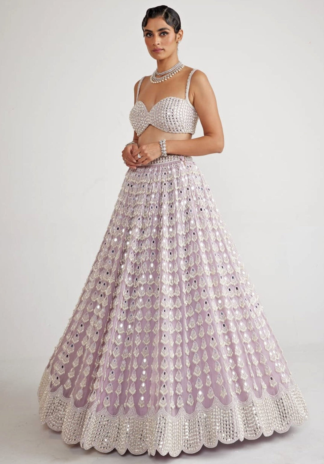 Lavender Chandelier Pearl Drop Bridal Lehenga Set Vvani By Vani Vats - Fabilicious Fashion