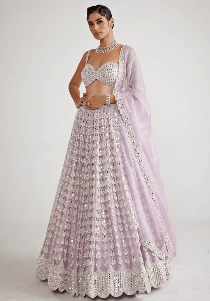 Lavender Chandelier Pearl Drop Bridal Lehenga Set Vvani By Vani Vats - Fabilicious Fashion