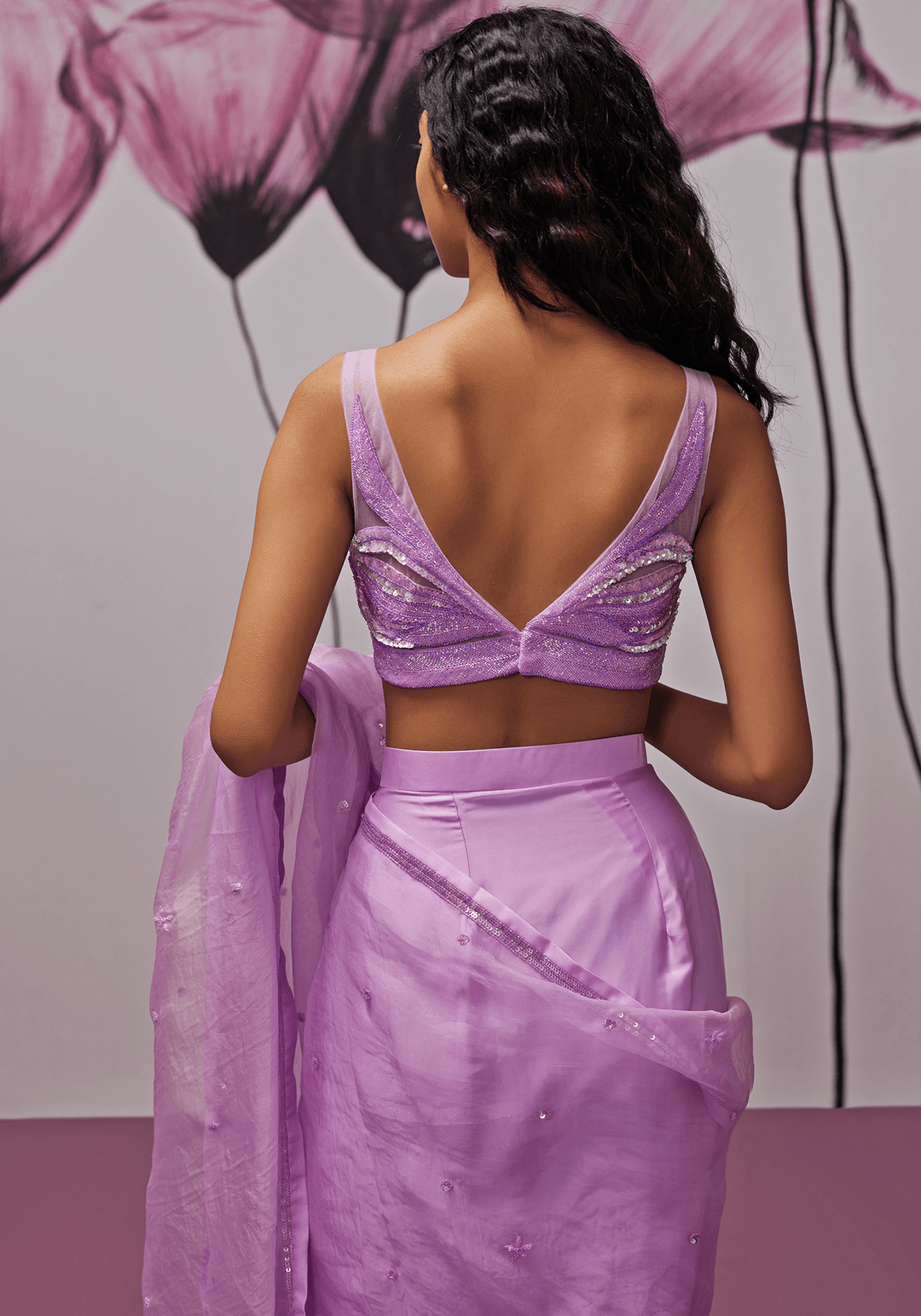 Lavender Chiffon And Silk Organza Pre-Stitched Draped Saree Set Zoon Tribe - Fabilicious Fashion