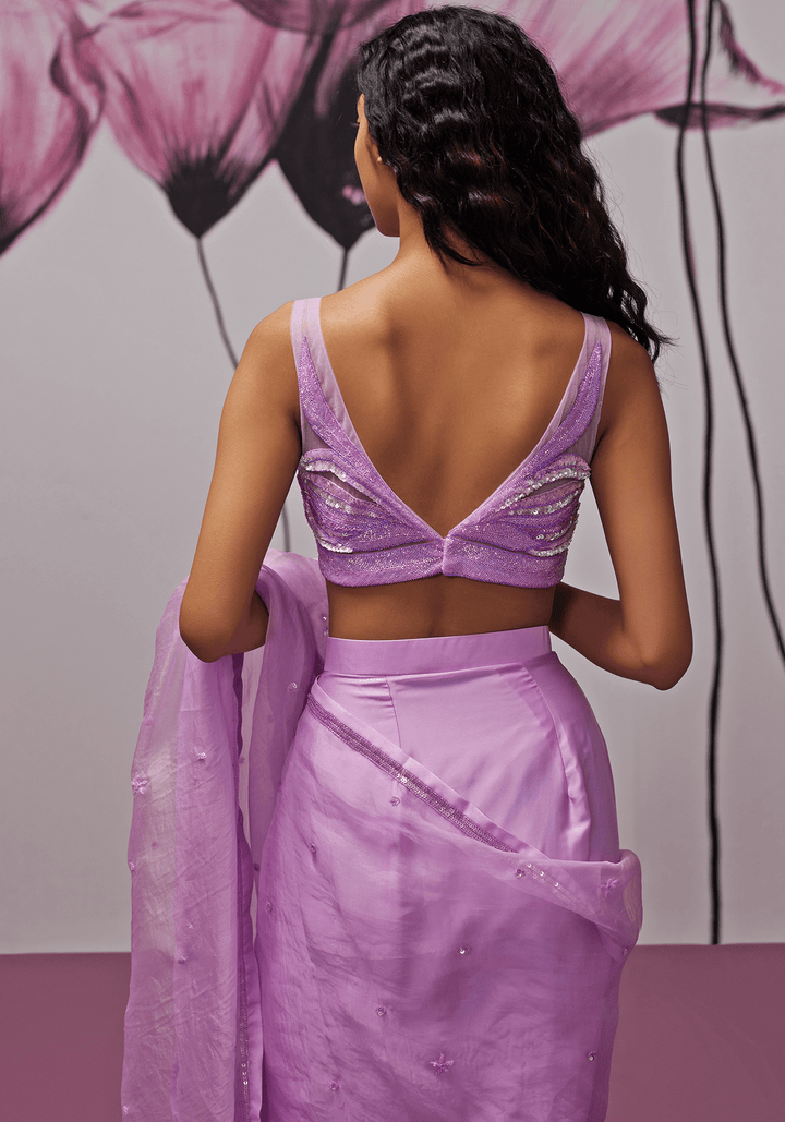 Lavender Chiffon And Silk Organza Pre-Stitched Draped Saree Set Zoon Tribe - Fabilicious Fashion