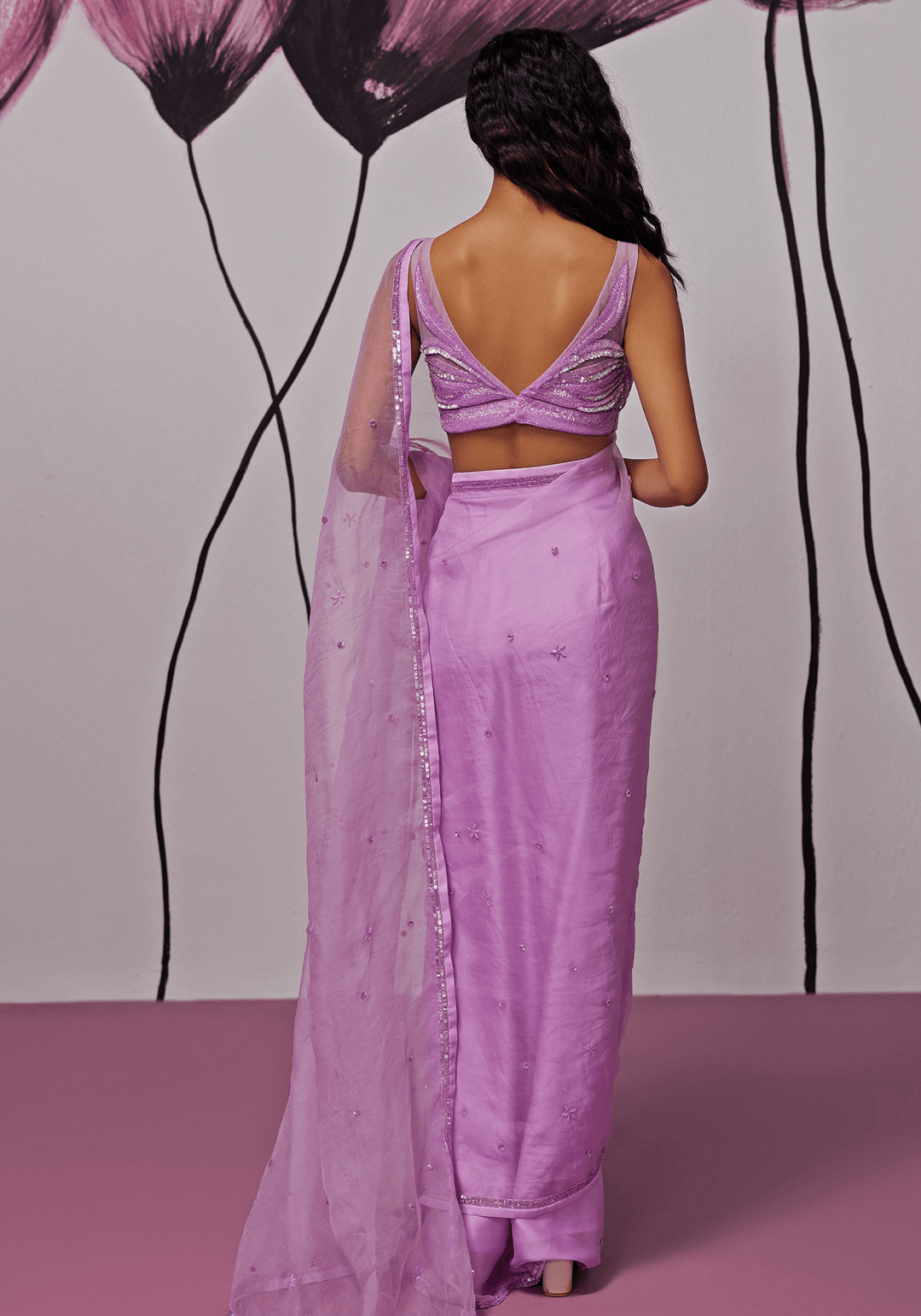 Lavender Chiffon And Silk Organza Pre-Stitched Draped Saree Set Zoon Tribe - Fabilicious Fashion
