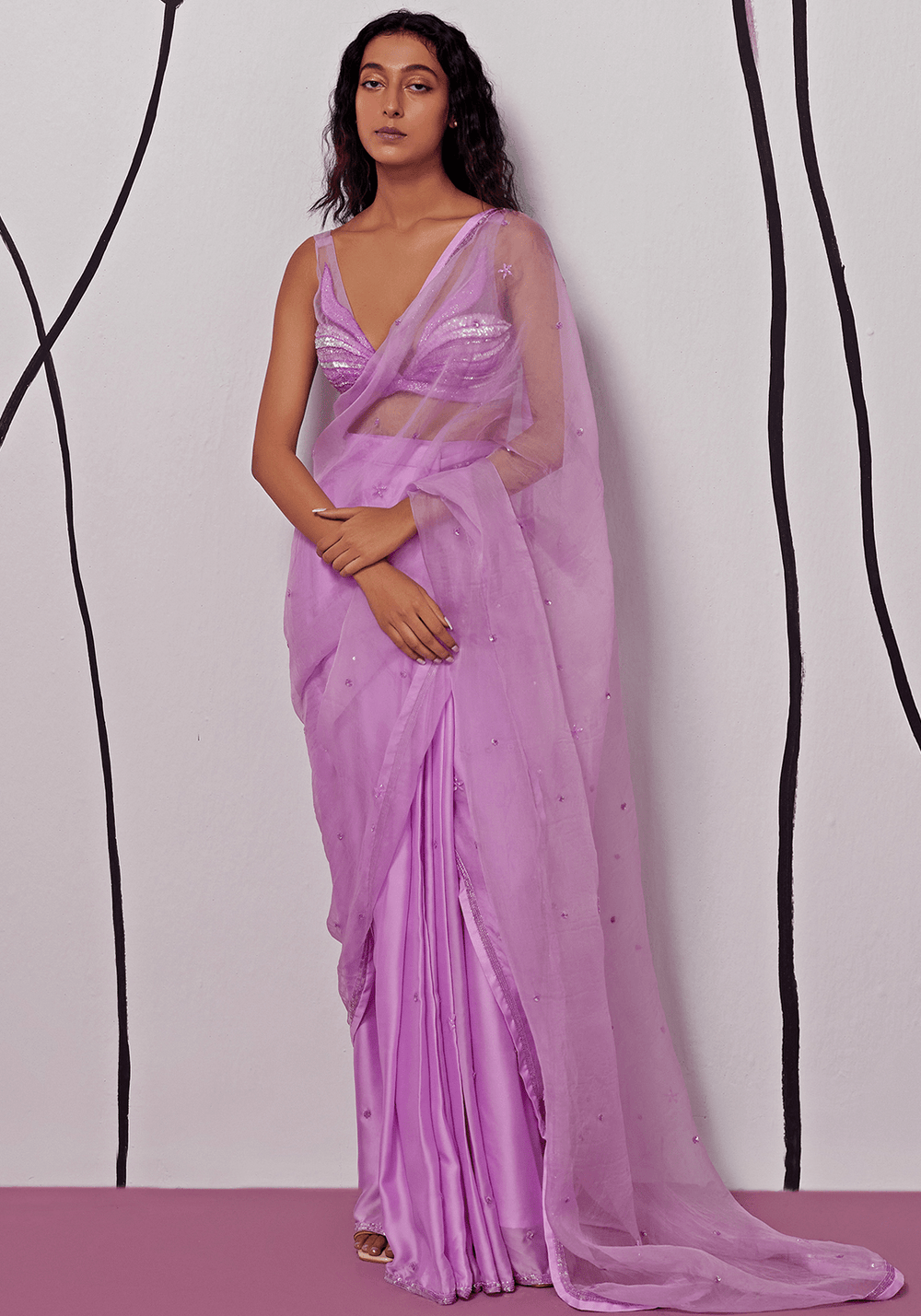 Lavender Chiffon And Silk Organza Pre-Stitched Draped Saree Set Zoon Tribe - Fabilicious Fashion