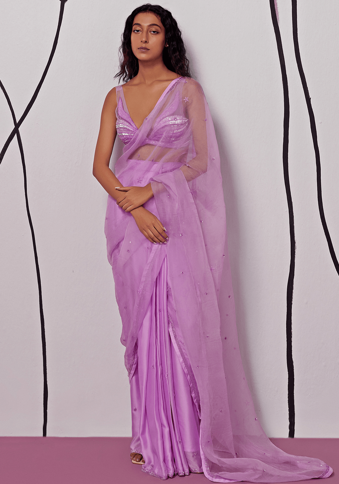 Lavender Chiffon And Silk Organza Pre-Stitched Draped Saree Set Zoon Tribe - Fabilicious Fashion