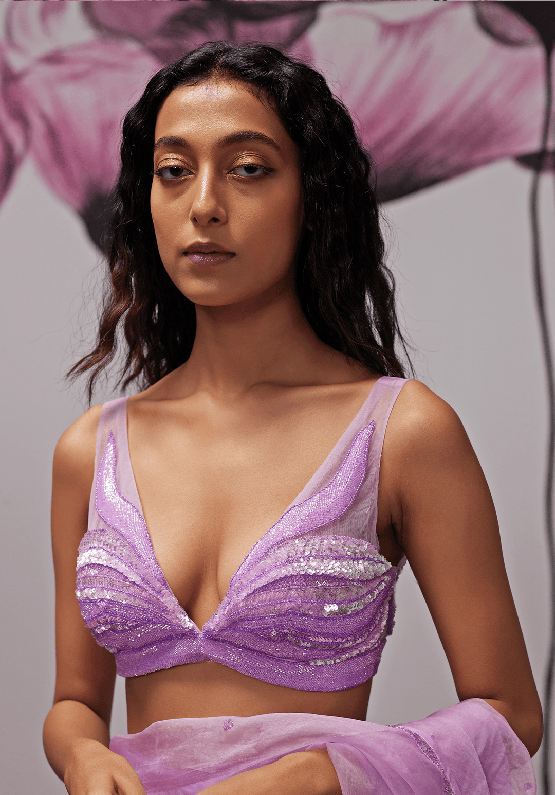 Lavender Chiffon And Silk Organza Pre-Stitched Draped Saree Set Zoon Tribe - Fabilicious Fashion