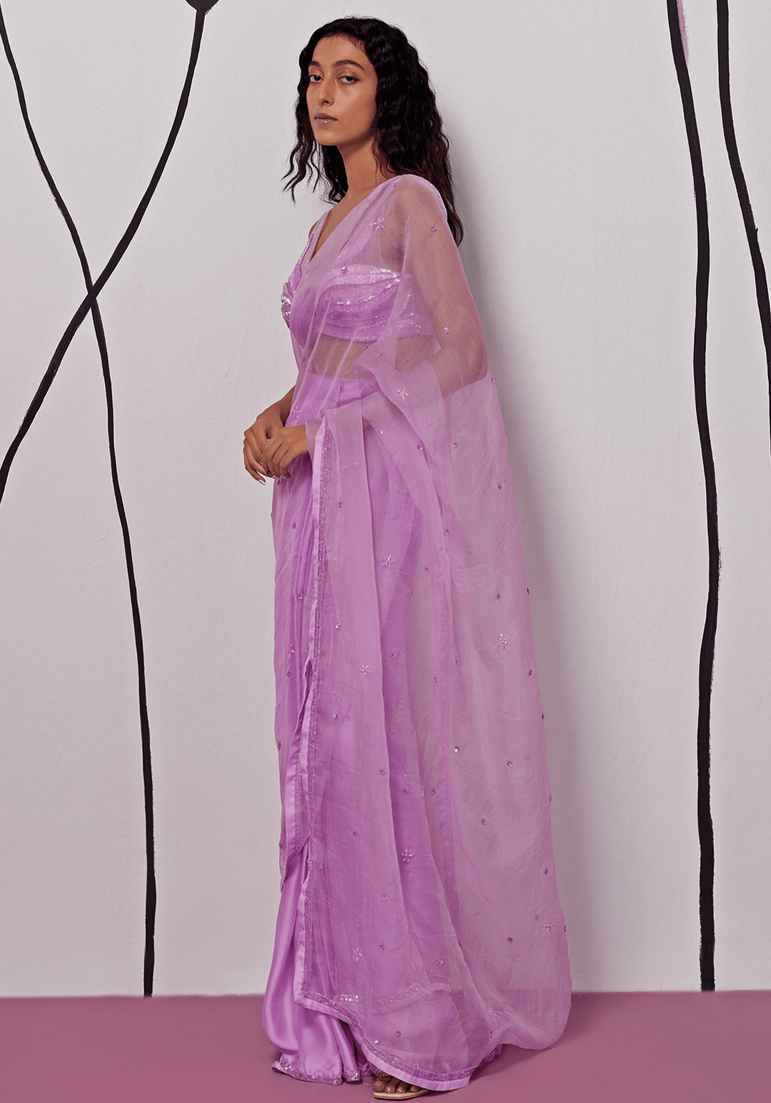 Lavender Chiffon And Silk Organza Pre-Stitched Draped Saree Set Zoon Tribe - Fabilicious Fashion