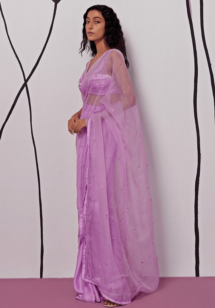 Lavender Chiffon And Silk Organza Pre-Stitched Draped Saree Set Zoon Tribe - Fabilicious Fashion
