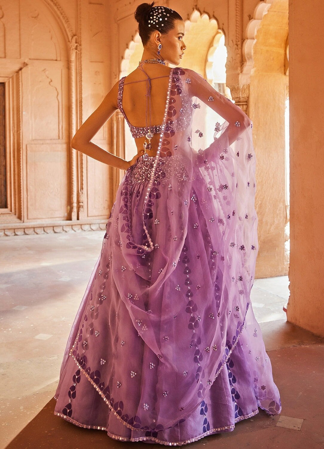 Lavender Embellished Organza Lehenga Set - Prevasu
