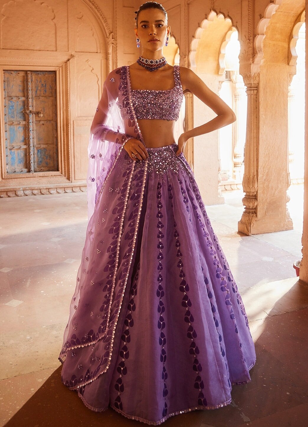 Lavender Embellished Organza Lehenga Set Prevasu - Fabilicious Fashion