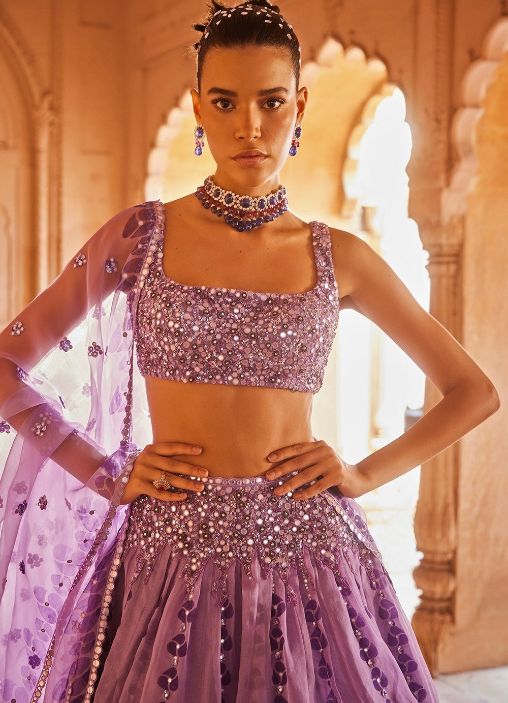 Lavender Embellished Organza Lehenga Set Prevasu - Fabilicious Fashion