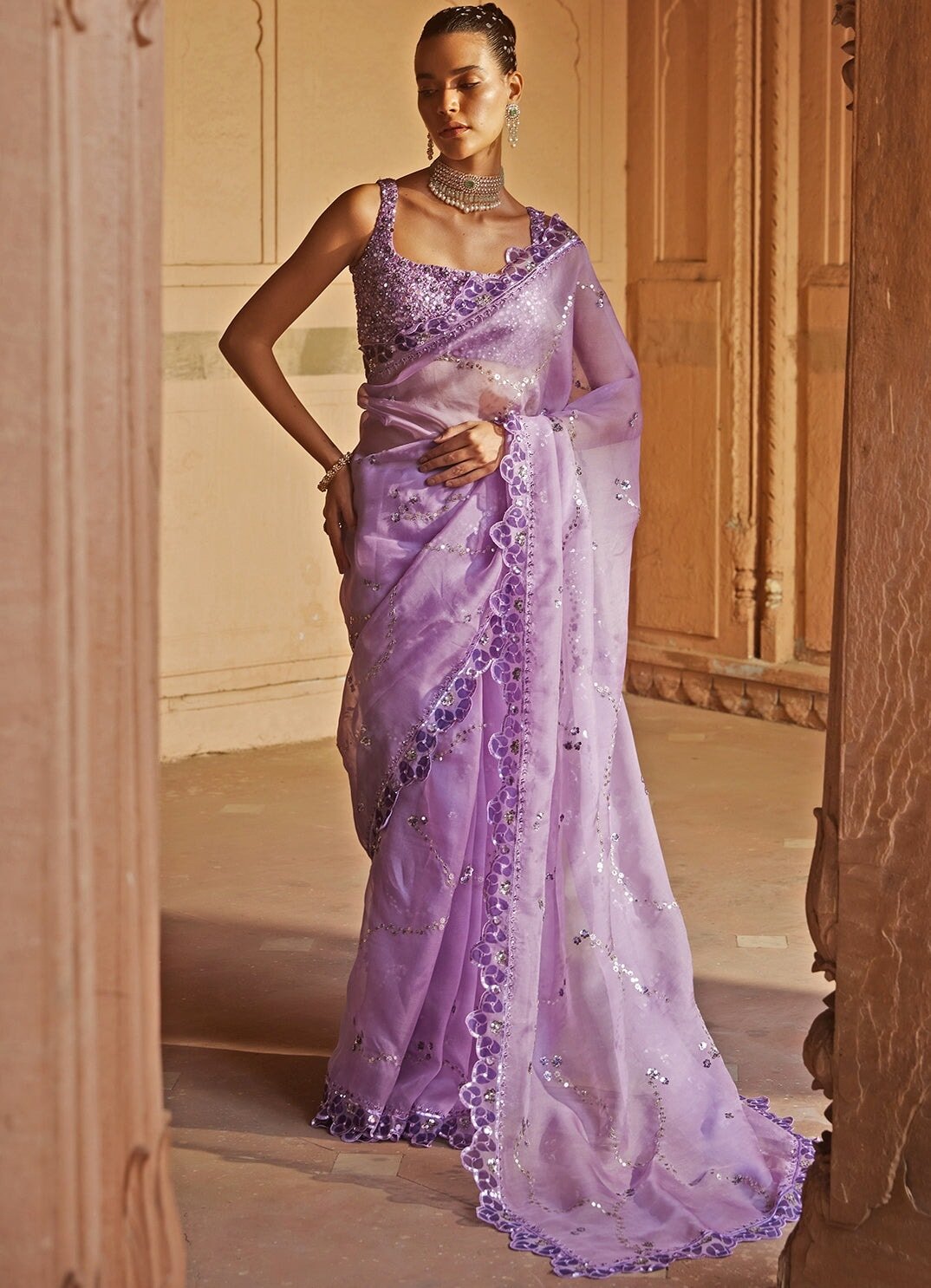 Lavender Embellished Organza Saree With Embroidered Blouse Prevasu - Fabilicious Fashion