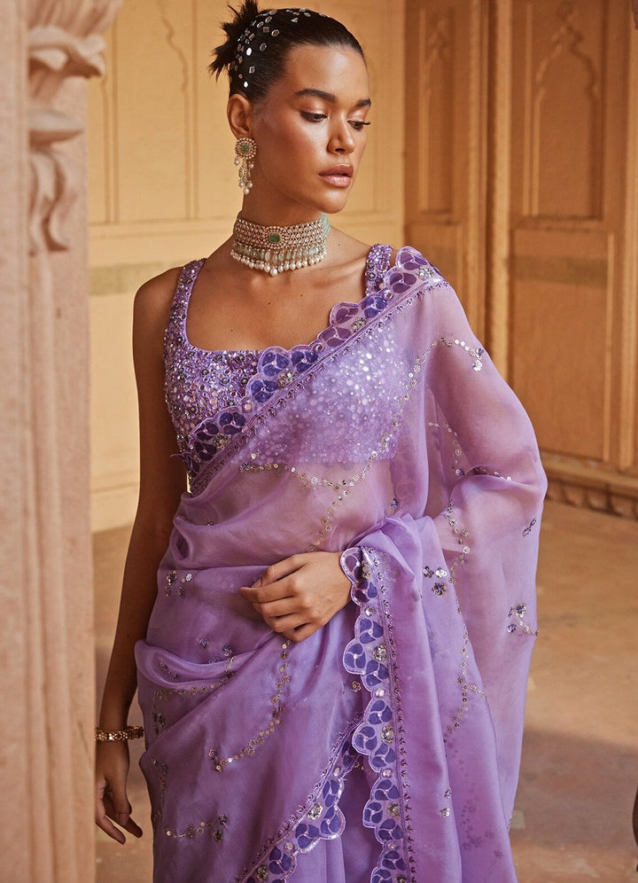 Lavender Embellished Organza Saree With Embroidered Blouse Prevasu - Fabilicious Fashion