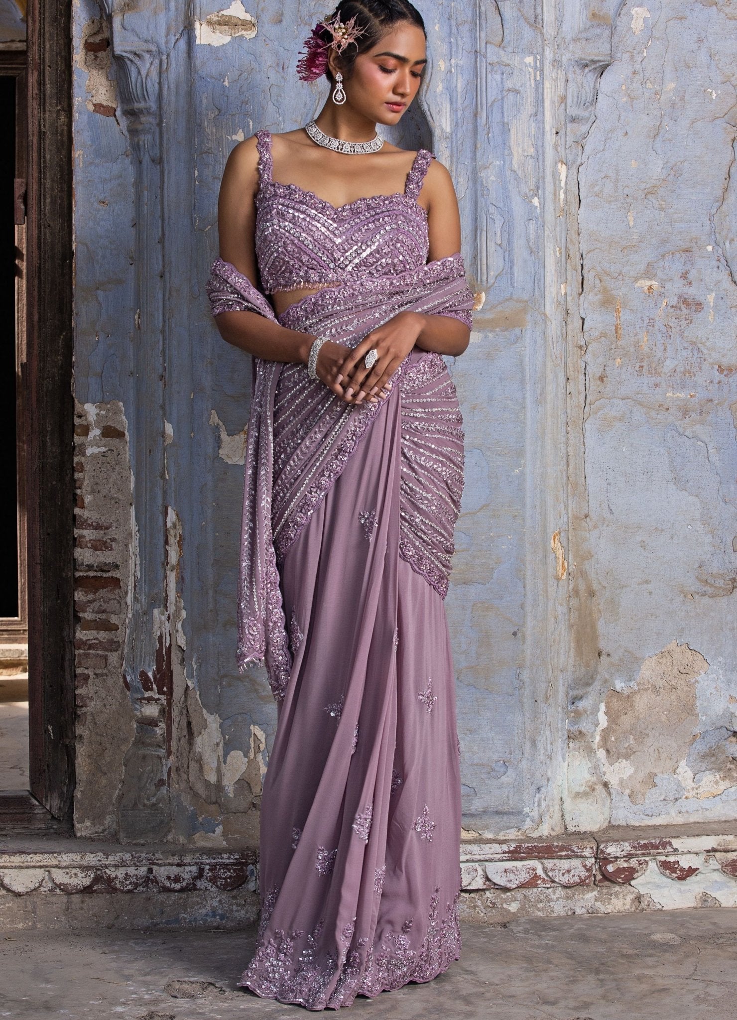 Lavender georgette drape Nitika Gujral wedding guest saree set