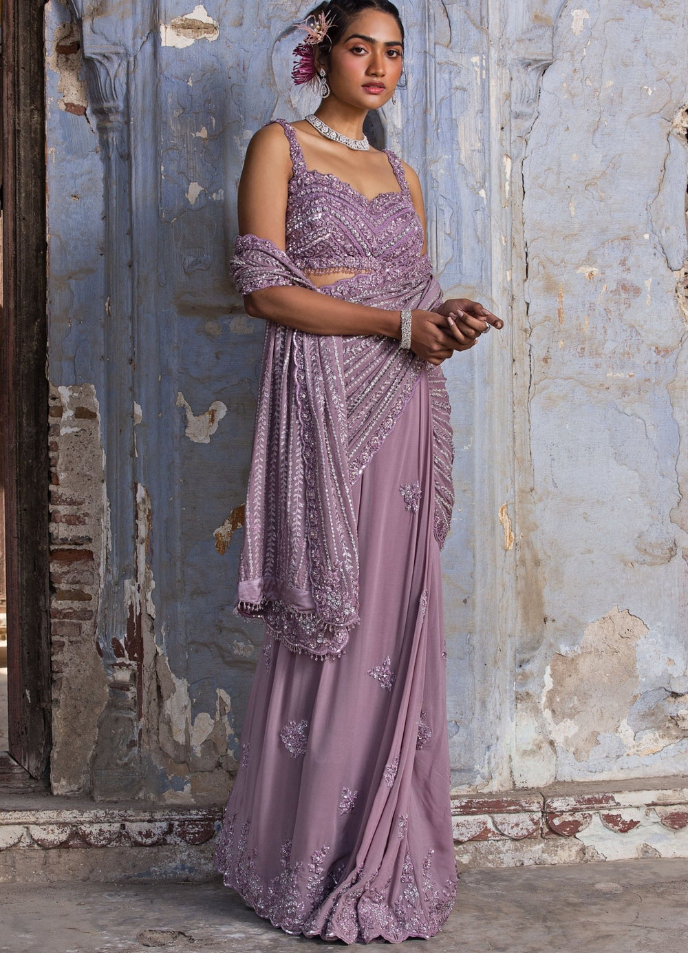 Lavender Georgette Pre Draped Saree Set Nitika Gujral - Fabilicious Fashion
