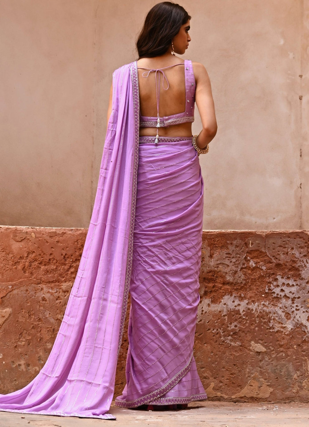 Lavender Georgette Saree with Embroidered Blouse Set Chamee n Palak - Fabilicious Fashion