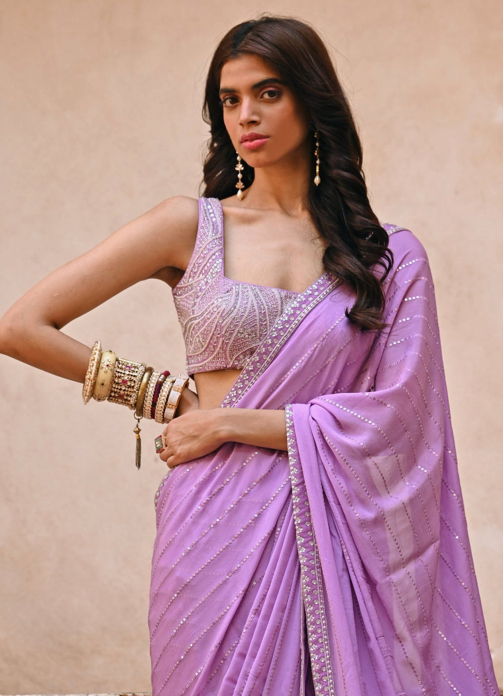 Lavender Georgette Saree with Embroidered Blouse Set Chamee n Palak - Fabilicious Fashion