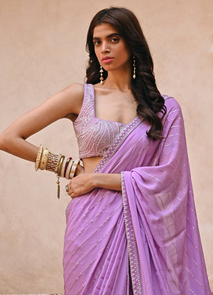 Lavender Georgette Saree with Embroidered Blouse Set Chamee n Palak - Fabilicious Fashion