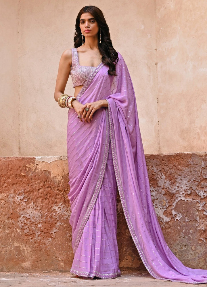 Lavender Georgette Saree with Embroidered Blouse Set Chamee n Palak - Fabilicious Fashion