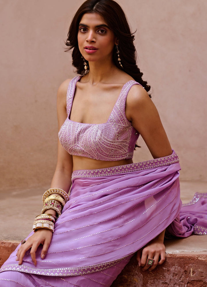 Lavender Georgette Saree with Embroidered Blouse Set Chamee n Palak - Fabilicious Fashion