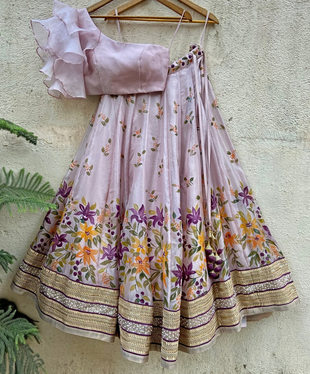 Lavender Hand Painted Dupatta with Ruffle Blouse Priti Sahni - Fabilicious Fashion