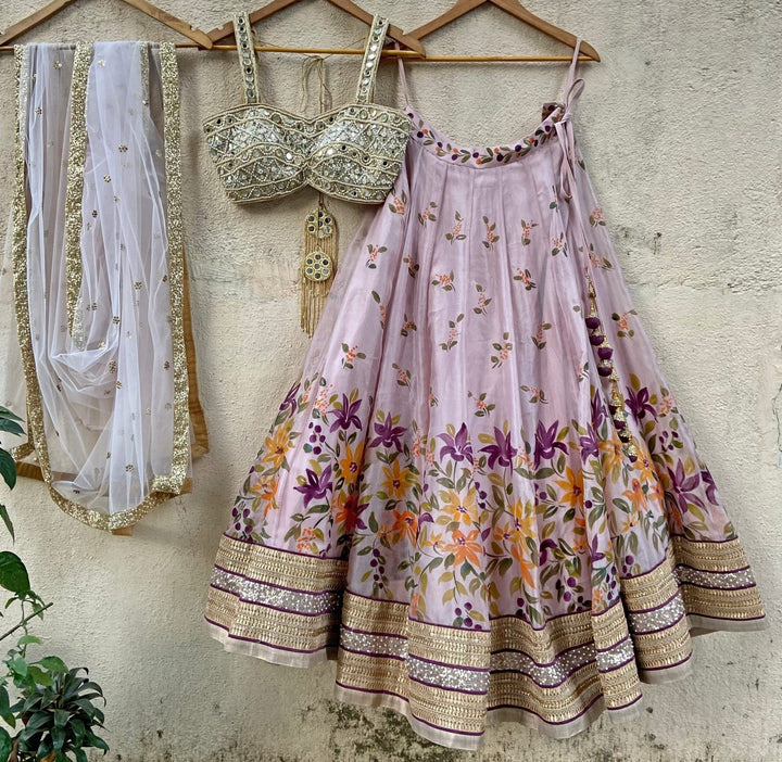 Lavender Hand Painted Floral lehenga set with mirror work blouse Priti Sahni - Fabilicious Fashion