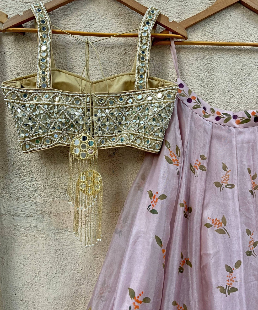 Lavender Hand Painted Floral lehenga set with mirror work blouse Priti Sahni - Fabilicious Fashion