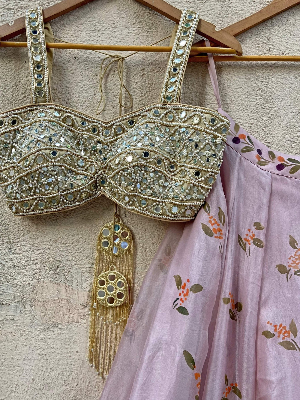Lavender Hand Painted Floral lehenga set with mirror work blouse Priti Sahni - Fabilicious Fashion