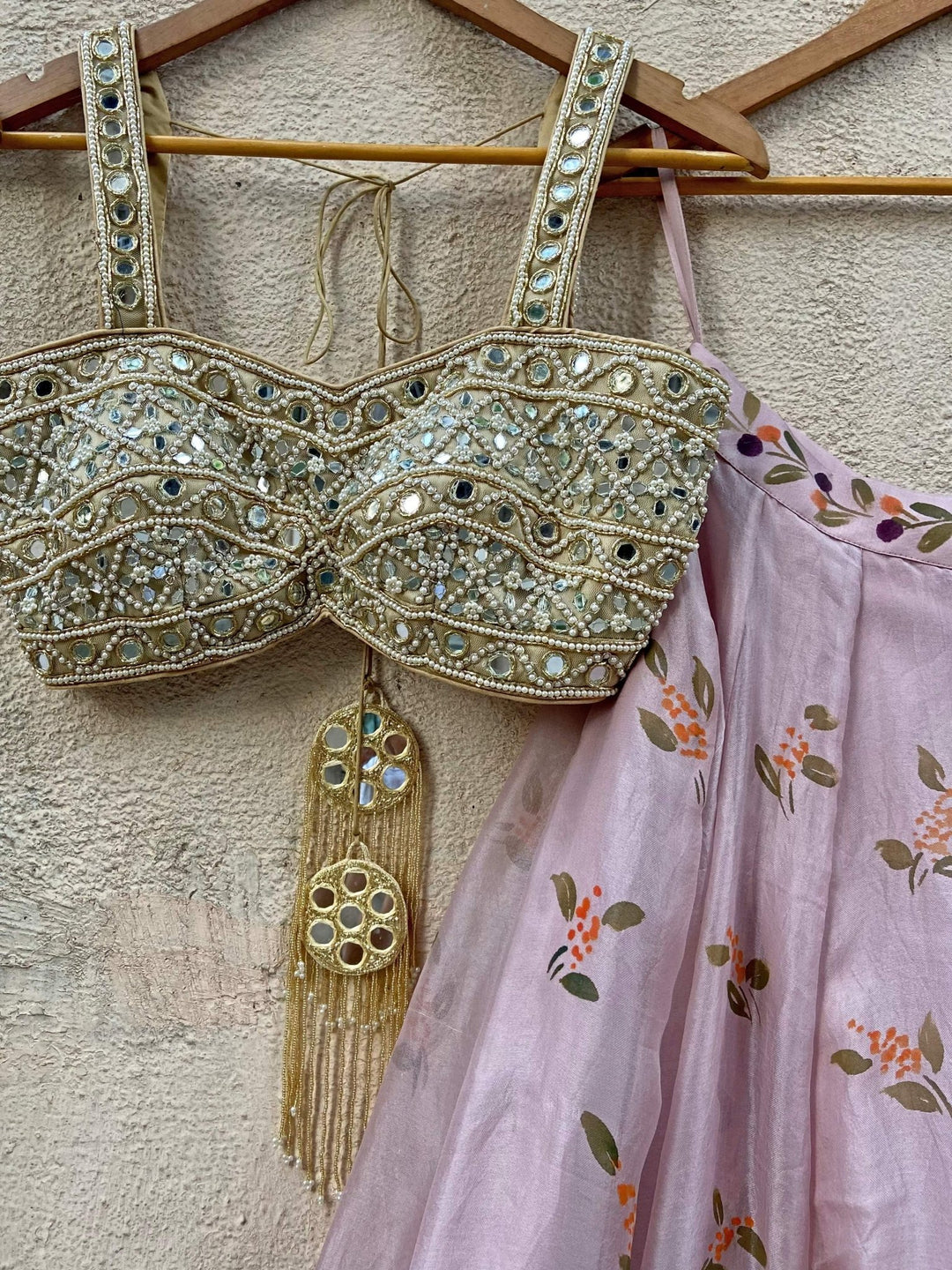 Lavender Hand Painted Floral lehenga set with mirror work blouse Priti Sahni - Fabilicious Fashion