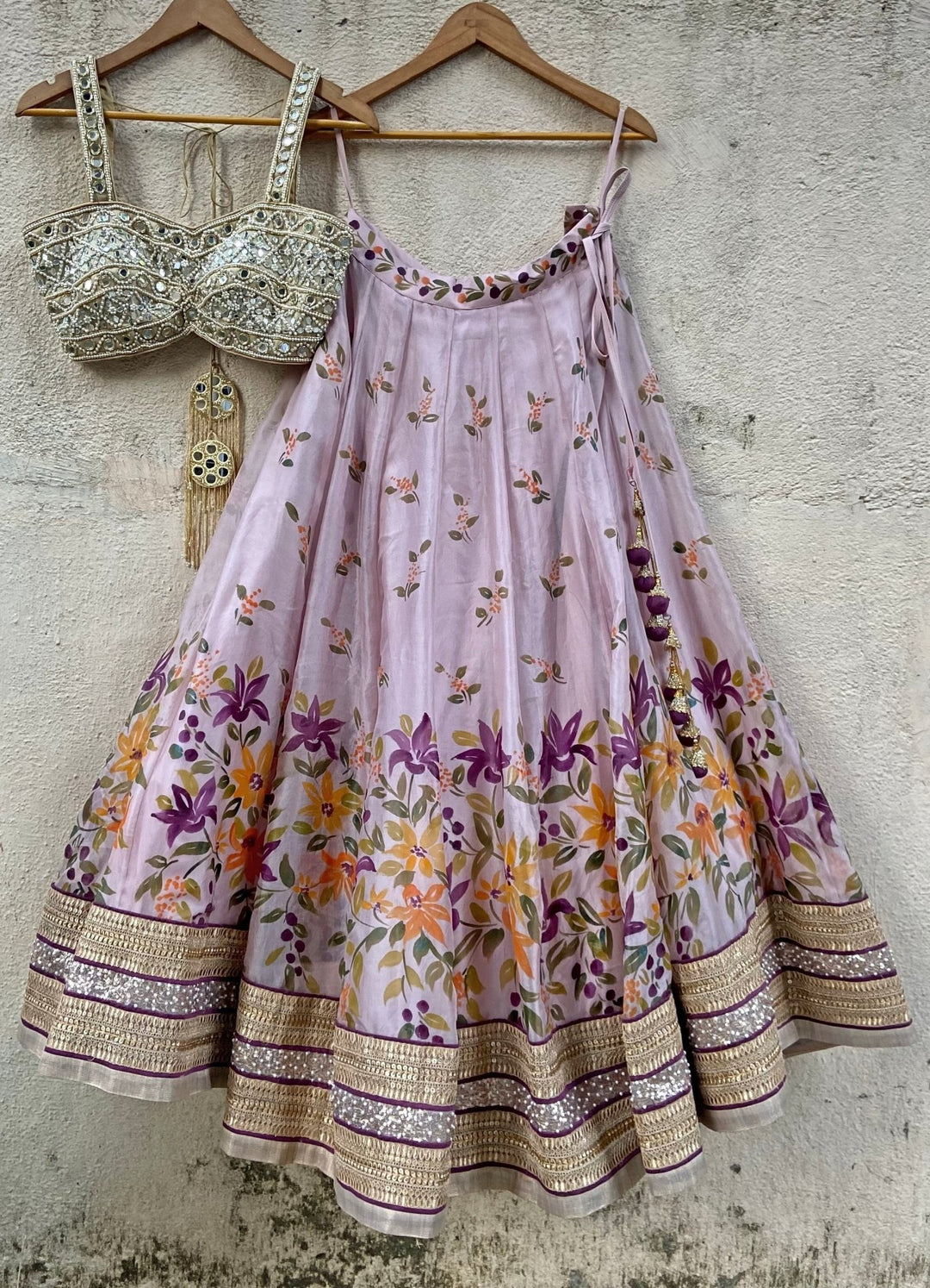Lavender Hand Painted Floral lehenga set with mirror work blouse Priti Sahni - Fabilicious Fashion