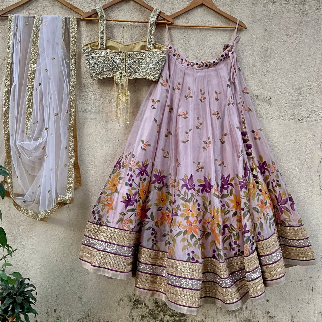 Lavender Hand Painted Floral lehenga set with mirror work blouse Priti Sahni - Fabilicious Fashion