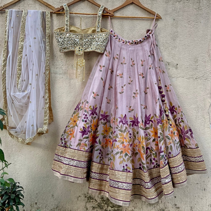 Lavender Hand Painted Floral lehenga set with mirror work blouse Priti Sahni - Fabilicious Fashion