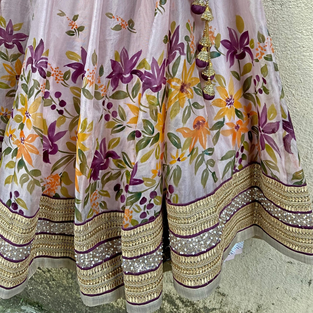 Lavender Hand Painted Floral lehenga set with mirror work blouse Priti Sahni - Fabilicious Fashion