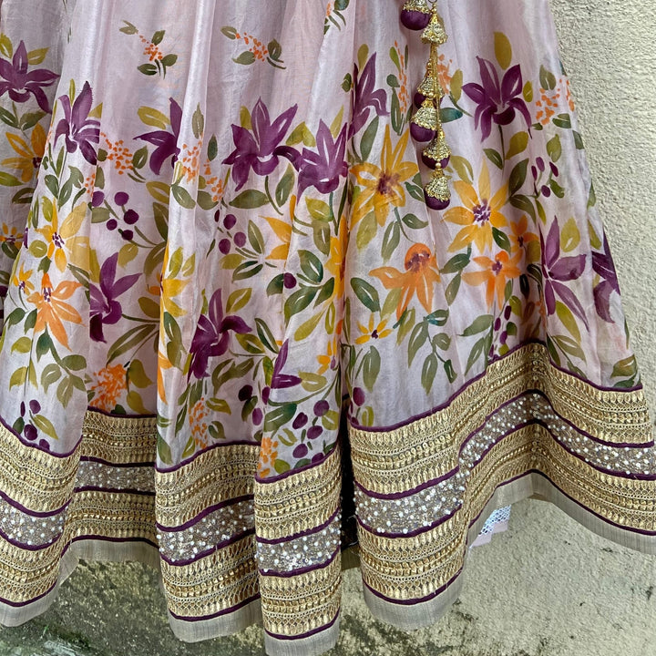 Lavender Hand Painted Floral lehenga set with mirror work blouse Priti Sahni - Fabilicious Fashion