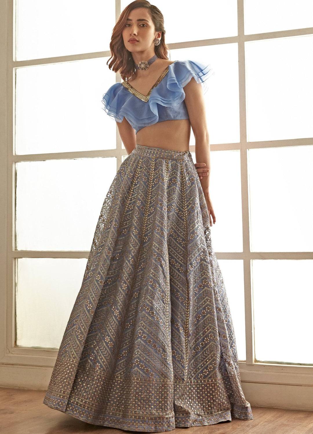 Lavender Hued Ruffle Blouse Lehenga Set Studio Iris - Fabilicious Fashion
